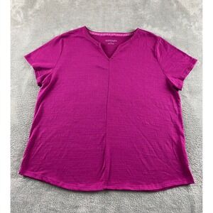Midnight Womens Magenta Purple Slub Knit Split Neck Short Sleeve Top Size M